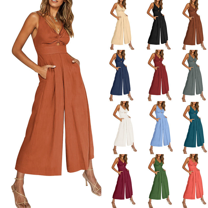 A model wearing a summer v-neck wide-leg jumpsuit in orange, with views of other color options such as blue, white, and green.